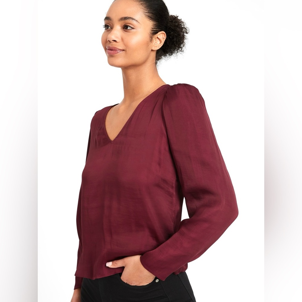 NWT Banana Republic Soft Satin Puff Sleeve Top RARE Chic L/S Blouse Red Brick L